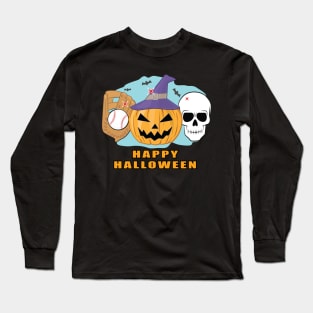 Happy Baseball Halloween - Spooky Skull and Pumpkin Long Sleeve T-Shirt